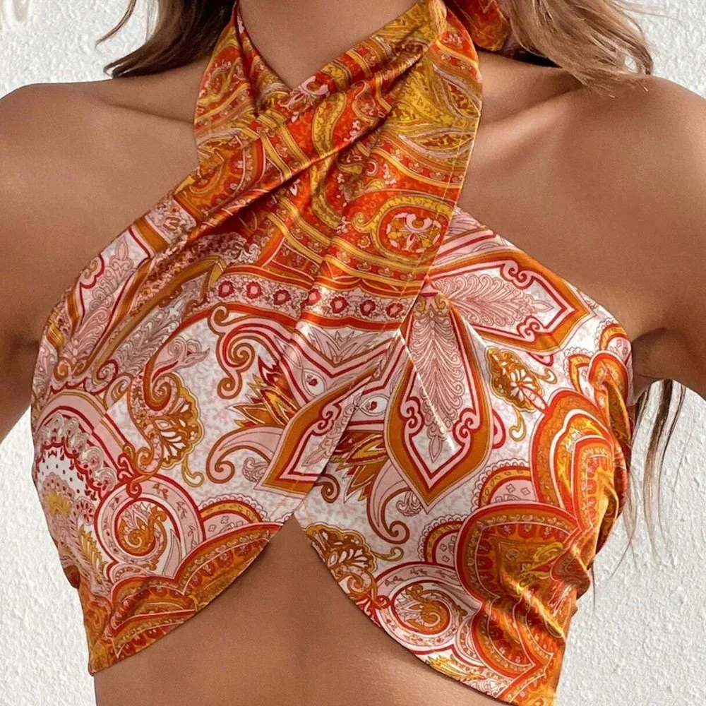 Multicolor Boho Womens Cross Wrap Tie Backless Halter Top - Picture 1 of 3